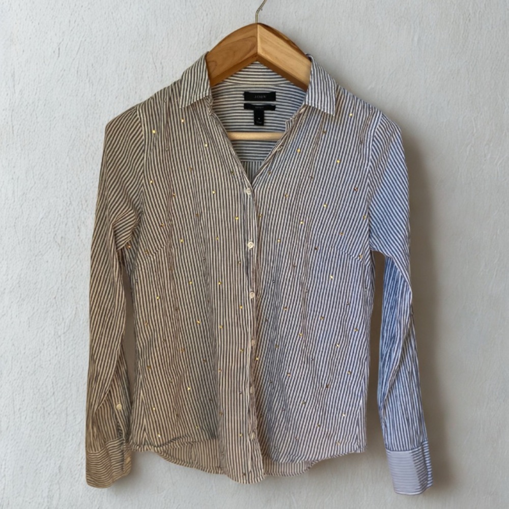 J. Crew Embellished Striped Perfect Cotton Button-Down Shirt Size Small - Picture 4 of 10